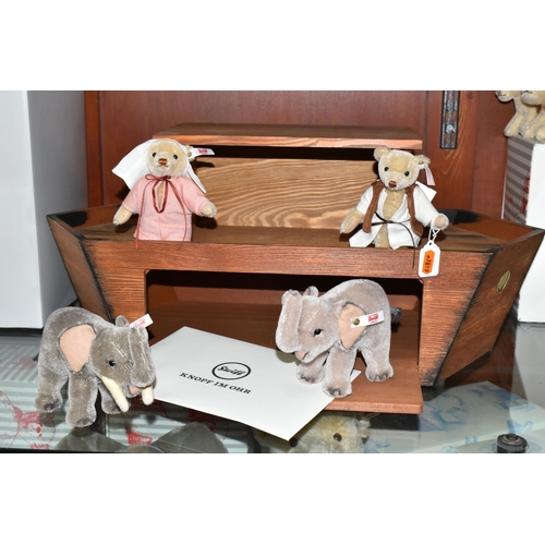 523 - A BOXED LIMITED EDITION STEIFF NOAH'S ARK SET ONE, comprising Noah, Noah's Wife, a bull elephant and... 