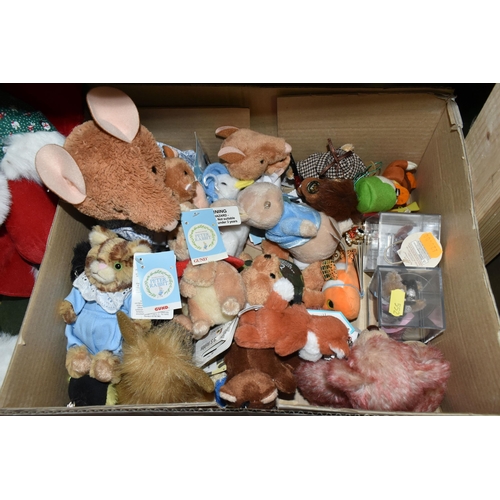 552 - THREE BOXES AND LOOSE OF MODERN SOFT TOYS, including two miniature bears in Perspex cases, key rings... 