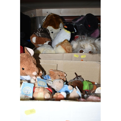 552 - THREE BOXES AND LOOSE OF MODERN SOFT TOYS, including two miniature bears in Perspex cases, key rings... 