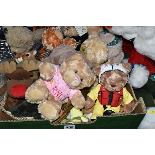 552 - THREE BOXES AND LOOSE OF MODERN SOFT TOYS, including two miniature bears in Perspex cases, key rings... 