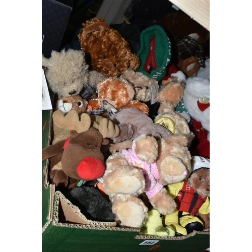 552 - THREE BOXES AND LOOSE OF MODERN SOFT TOYS, including two miniature bears in Perspex cases, key rings... 