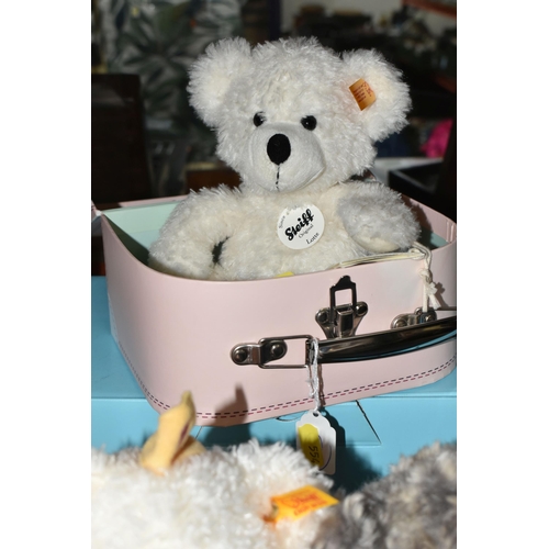 554 - THREE STEIFF BEARS/ SOFT TOYS IN SUITCASES AND ONE CARD BOX, comprising Lotte Teddy Bear Princess (1... 