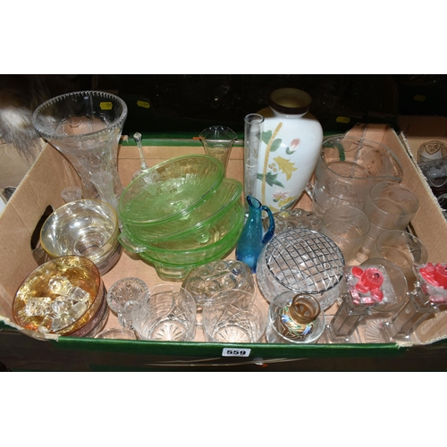 559 - FIVE BOXES OF VICTORIAN AND LATER CLEAR AND COLOURED GLASSWARE, mostly press molded, includes drinki... 