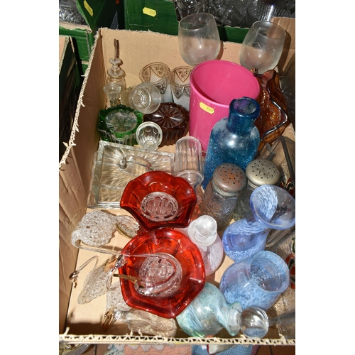 559 - FIVE BOXES OF VICTORIAN AND LATER CLEAR AND COLOURED GLASSWARE, mostly press molded, includes drinki... 