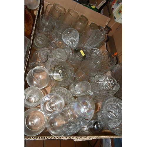 559 - FIVE BOXES OF VICTORIAN AND LATER CLEAR AND COLOURED GLASSWARE, mostly press molded, includes drinki... 