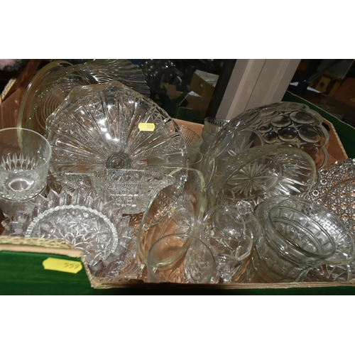 559 - FIVE BOXES OF VICTORIAN AND LATER CLEAR AND COLOURED GLASSWARE, mostly press molded, includes drinki... 