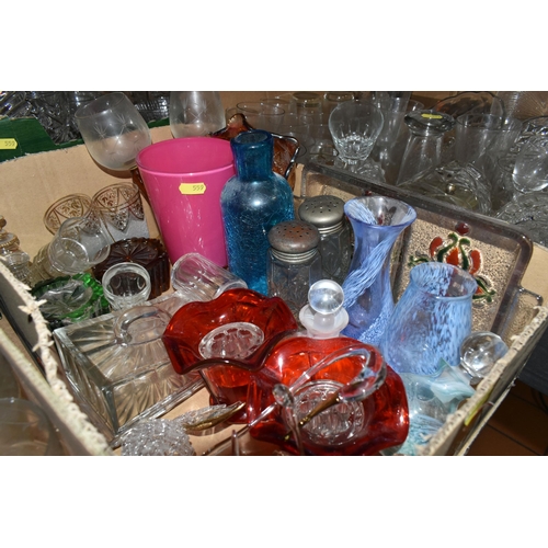 559 - FIVE BOXES OF VICTORIAN AND LATER CLEAR AND COLOURED GLASSWARE, mostly press molded, includes drinki... 