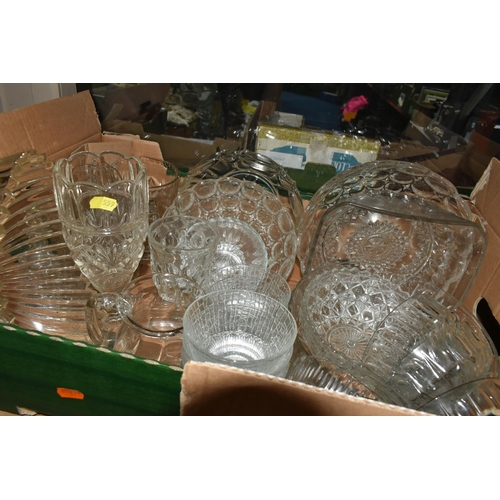 559 - FIVE BOXES OF VICTORIAN AND LATER CLEAR AND COLOURED GLASSWARE, mostly press molded, includes drinki... 