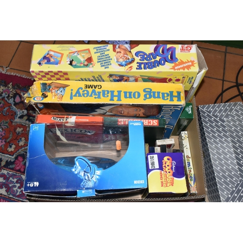 560 - THREE BOXES OF BOARD GAMES AND TOYS, including Suspense, Downfall, Guess Who, Fashion Wheel, Escalad... 