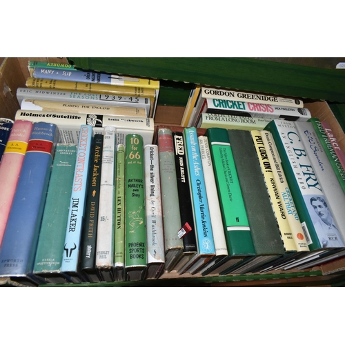 562 - CRICKET INTEREST: FIVE BOXES OF HARDBACK AND PAPERBACK BOOKS, including assorted County Cricket year... 