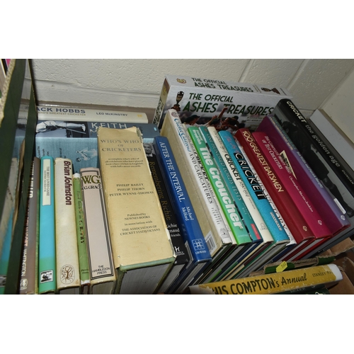 562 - CRICKET INTEREST: FIVE BOXES OF HARDBACK AND PAPERBACK BOOKS, including assorted County Cricket year... 