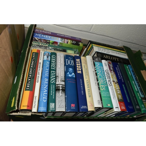 562 - CRICKET INTEREST: FIVE BOXES OF HARDBACK AND PAPERBACK BOOKS, including assorted County Cricket year... 