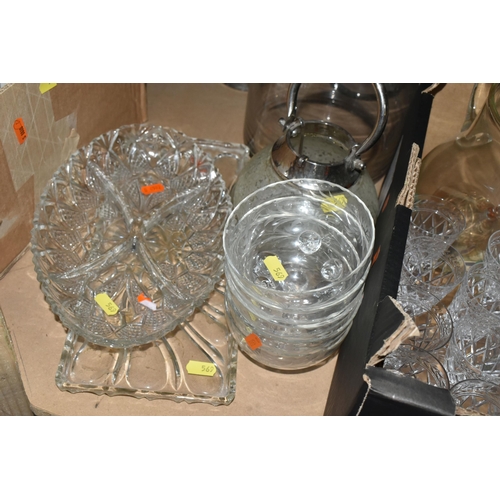 569 - FOUR BOXES AND LOOSE COLOURED AND CLEAR GLASSWARE, including vases, drinking glasses, bowls, dishes,... 