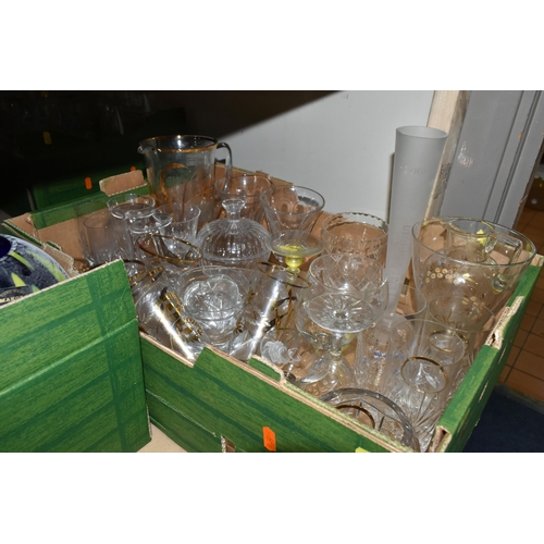 569 - FOUR BOXES AND LOOSE COLOURED AND CLEAR GLASSWARE, including vases, drinking glasses, bowls, dishes,... 