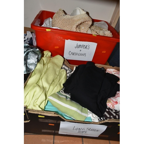 570 - SEVEN BOXES OF LADIES' CLOTHES, mostly size 16/18 from M&S, includes denim, scarves, dressing gowns ... 