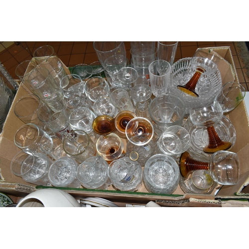 571 - FOUR BOXES AND LOOSE ORNAMENTS, CERAMICS AND GLASSWARE, to include assorted drinking glasses, plante... 