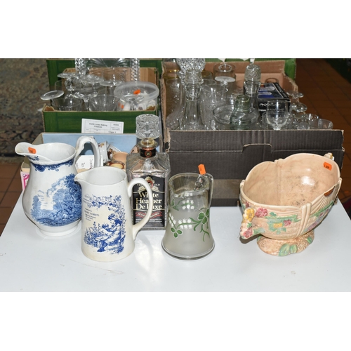 571 - FOUR BOXES AND LOOSE ORNAMENTS, CERAMICS AND GLASSWARE, to include assorted drinking glasses, plante... 