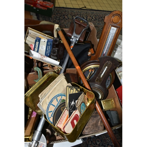 572 - TWO BOXES OF MISCELLANEOUS AND COLLECTABLES, to include a leather seated shooting stick, an antler h... 