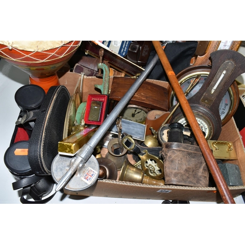 572 - TWO BOXES OF MISCELLANEOUS AND COLLECTABLES, to include a leather seated shooting stick, an antler h... 