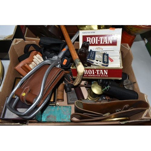 572 - TWO BOXES OF MISCELLANEOUS AND COLLECTABLES, to include a leather seated shooting stick, an antler h... 