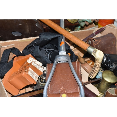 572 - TWO BOXES OF MISCELLANEOUS AND COLLECTABLES, to include a leather seated shooting stick, an antler h... 