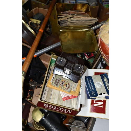 572 - TWO BOXES OF MISCELLANEOUS AND COLLECTABLES, to include a leather seated shooting stick, an antler h... 