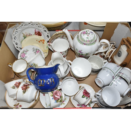 573 - THREE BOXES OF TEAWARES, to include two ceramic chamber pots, a large vintage Green & Co. Ltd 'Gresl... 