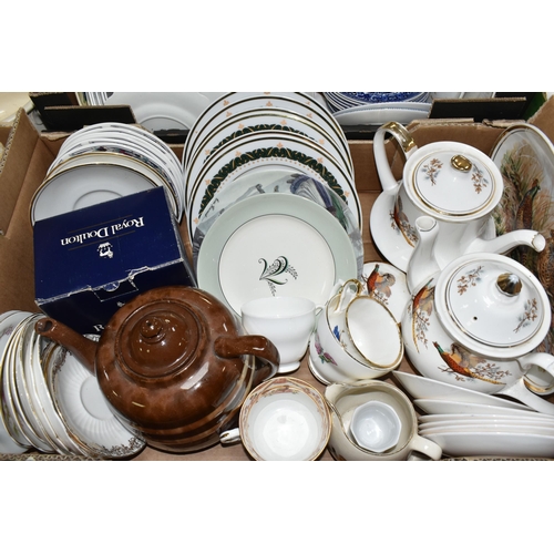 573 - THREE BOXES OF TEAWARES, to include two ceramic chamber pots, a large vintage Green & Co. Ltd 'Gresl... 