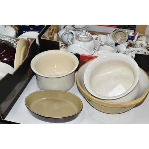 573 - THREE BOXES OF TEAWARES, to include two ceramic chamber pots, a large vintage Green & Co. Ltd 'Gresl... 