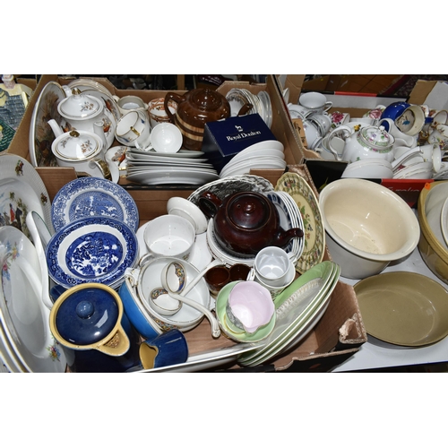 573 - THREE BOXES OF TEAWARES, to include two ceramic chamber pots, a large vintage Green & Co. Ltd 'Gresl... 