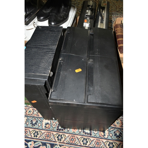 574 - TWO BOXES OF MISCELLANEOUS SUNDRIES AND ELECRICAL ITEMS, to include a Gaf64 movie camera serial No.6... 