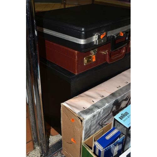 574 - TWO BOXES OF MISCELLANEOUS SUNDRIES AND ELECRICAL ITEMS, to include a Gaf64 movie camera serial No.6... 