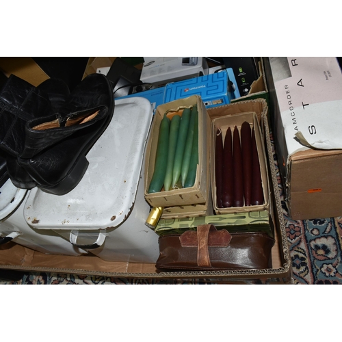 574 - TWO BOXES OF MISCELLANEOUS SUNDRIES AND ELECRICAL ITEMS, to include a Gaf64 movie camera serial No.6... 