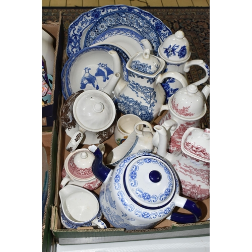 575 - FIVE BOXES OF CERAMICS AND SUNDRIES, two Myatt's 'Country Life' coffee pots, a Ridgway 'Country Days... 