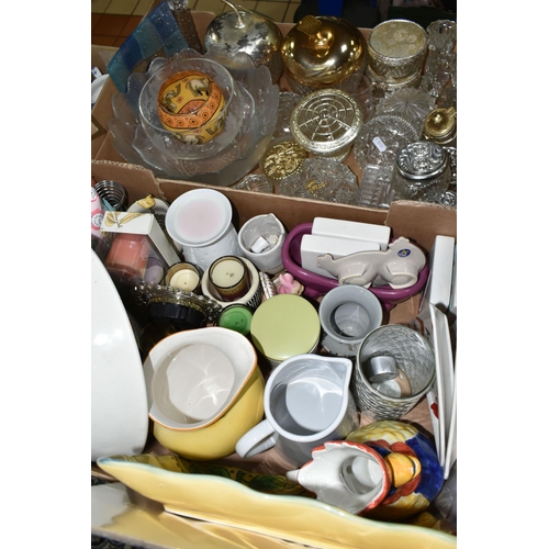 575 - FIVE BOXES OF CERAMICS AND SUNDRIES, two Myatt's 'Country Life' coffee pots, a Ridgway 'Country Days... 