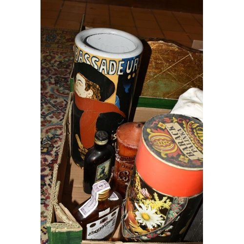 581 - TWO BOXES OF BREWERIANA AND MISCELLANEOUS SUNDRIES, to include a chrome Jaguar car mascot, a pub bee... 