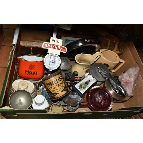 581 - TWO BOXES OF BREWERIANA AND MISCELLANEOUS SUNDRIES, to include a chrome Jaguar car mascot, a pub bee... 