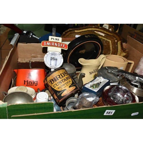 581 - TWO BOXES OF BREWERIANA AND MISCELLANEOUS SUNDRIES, to include a chrome Jaguar car mascot, a pub bee... 