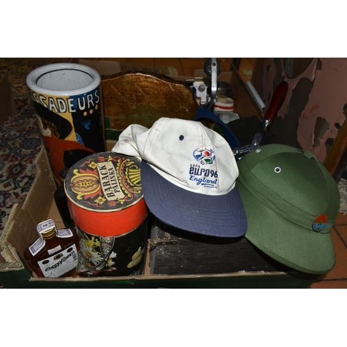 581 - TWO BOXES OF BREWERIANA AND MISCELLANEOUS SUNDRIES, to include a chrome Jaguar car mascot, a pub bee... 