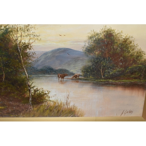 586 - TWO EARLY 20TH CENTURY LANDSCAPES ETC, comprising an indistinctly signed river landscape with cattle... 