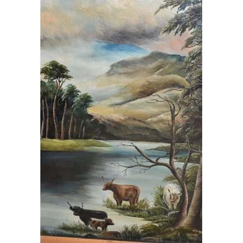 586 - TWO EARLY 20TH CENTURY LANDSCAPES ETC, comprising an indistinctly signed river landscape with cattle... 