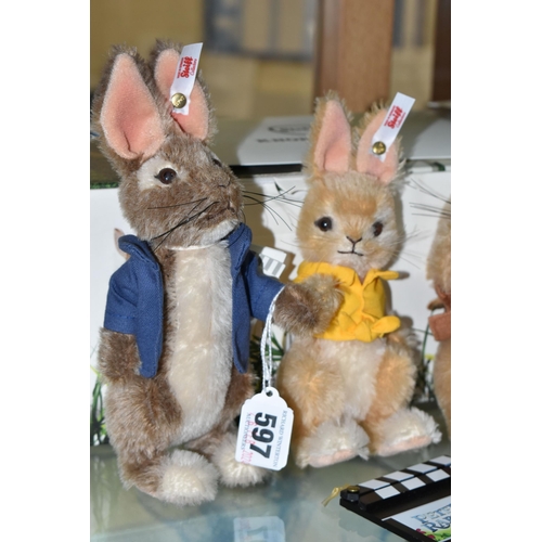 597 - A BOXED STEIFF LIMITED EDITION PETER RABBIT GIFT SET OF THREE CHARACTERS AND CLAPPER BOARD, (Peter R... 