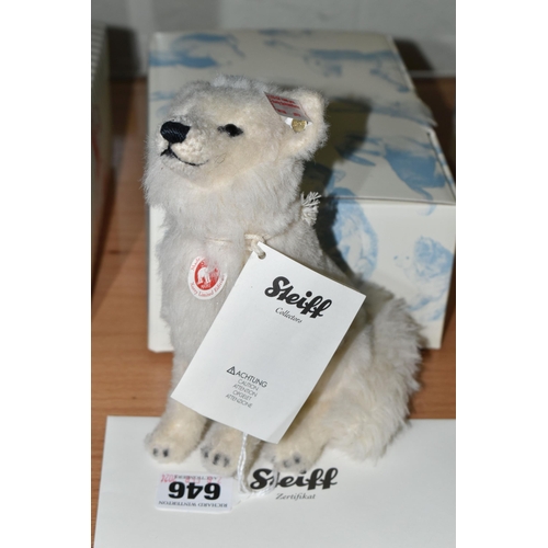 646 - A BOXED LIMITED EDITION STEIFF SNOW FOX XORRY, with alpaca and cotton white 'fur', gold coloured ear... 