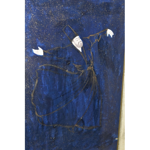 649 - TWO PERSIAN PAINTINGS ON PAPER AND FABRIC, the first depicts a Dancing Dervish against a blue backgr... 