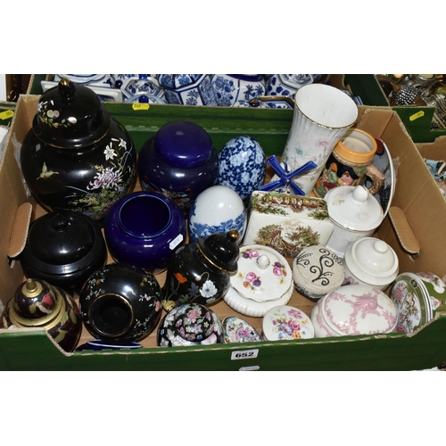 652 - FOUR BOXES OF CERAMICS AND ORNAMENTS, to include a large quantity of blue and white ginger jars and ... 