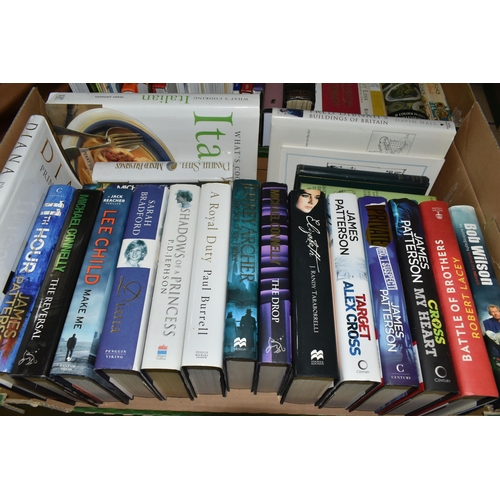 653 - THREE BOXES OF BOOKS AND CDS, to include over thirty assorted hardback novels and a collection of ap... 