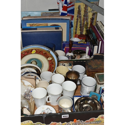 654 - TWO BOXES OF ROYAL COMMEMORATIVE CERAMICS AND SUNDRIES, to include assorted mugs, vintage tins, glas... 