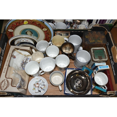 654 - TWO BOXES OF ROYAL COMMEMORATIVE CERAMICS AND SUNDRIES, to include assorted mugs, vintage tins, glas... 