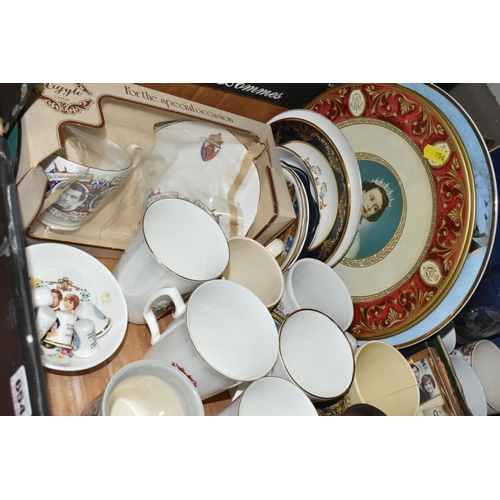 654 - TWO BOXES OF ROYAL COMMEMORATIVE CERAMICS AND SUNDRIES, to include assorted mugs, vintage tins, glas... 