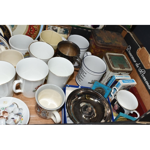 654 - TWO BOXES OF ROYAL COMMEMORATIVE CERAMICS AND SUNDRIES, to include assorted mugs, vintage tins, glas... 